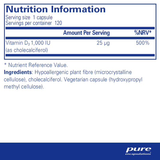 Pure Encapsulations - Vitamin D3 1,000 IU - Hypoallergenic Pure Vitamin D Supplement - Immune System, Bone and Muscle Function Support - 120 Capsules